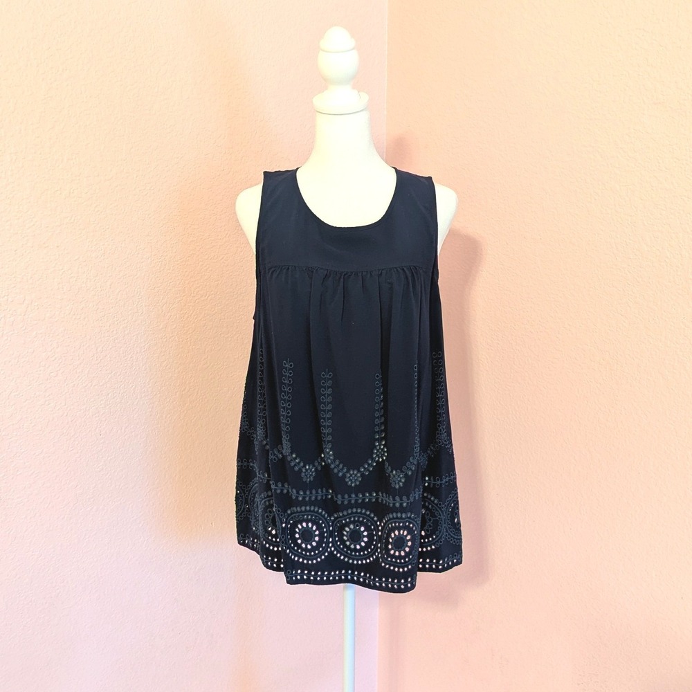 Crown & Ivy Navy Eyelet Embroidered Sleeveless Open Back Swing Tunic XL Boho
